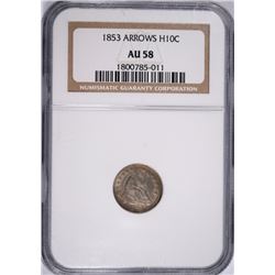 1853 HALF DIME, ARROWS, NGC AU-58