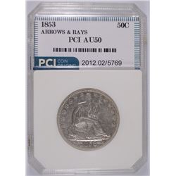 1853 ARROWS AND RAYS HALF DOLLAR, PCI AU-50
