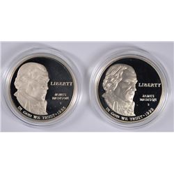 (2 ) 1993 BILL OF RIGHTS Pf COMMEMORATIVE  SILVER DOLLARS IN INNER VELVET BOXES