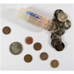 COIN LOT: BLANK CENT, 1858 HALF DOLLAR XF+ HOLED, 1977-S 25c ROLL 3-1909  CENTS