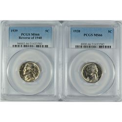 LOT OF ( 2 ) JEFFERSON NICKELS, PCGS MS-66: 1938 & 1939 REVERSE OF "40"