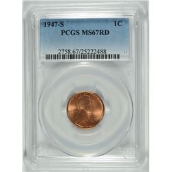 1947-S LINCOLN CENT, PCGS MS-67 RED! STUNNING!