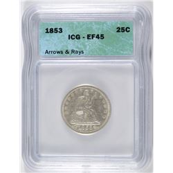 1853 ARROWS AND RAYS SEATED QUARTER ICG XF/AU-45!