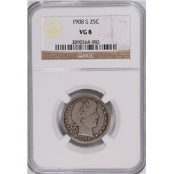 1908-S  BARBER QUARTER, NGC VG-8  SCARCE DATE!