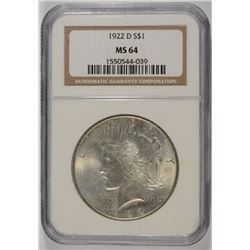 1922-D PEACE SILVER DOLLAR, NGC MS-64  NICE COIN