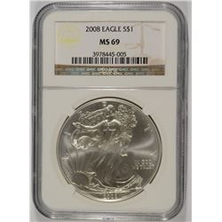 2008 AMERICAN SILVER EAGLE, NGC MS-69