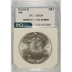 1986 AMERICAN SILVER EAGLE, PCI MS-70 PERFECT!  BOOKS FOR $800.00