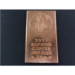 1/2 Pound .9995 Fine Copper Bullion Bar, St. Gaudens