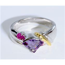 Sterling Silver .925  Amethyst w/ Ruby Ring Two Toned