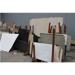 LARGE METAL GRANITE RACK W/ASSORTED GRANITE SLABS