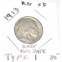 1913 TYPE 1 BUFFALO NICKEL *RARE KEY DATE-EXTRA FINE GRADE* RED BOOK VALUE IS $30.00+!!