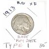 Image 1 : 1913 TYPE 1 BUFFALO NICKEL *RARE KEY DATE-EXTRA FINE GRADE* RED BOOK VALUE IS $30.00+!!