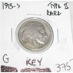 1913-S TYPE 2 BUFFALO NICKEL *EXTREMELY RARE KEY DATE-GOOD GRADE* RED BOOK VALUE IS $375.00+!!