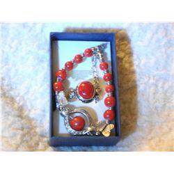 TIBETAN SILVER AND RED RESIN BRACELET AND RING (L732 - 16)