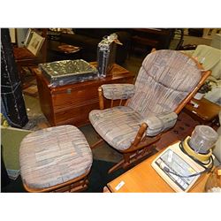 OAK AND UPHOLSTERED GLIDER CHAIR AND STOOL