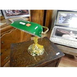 BRASS BANKER LAMP - GREEN GLASS SHADE