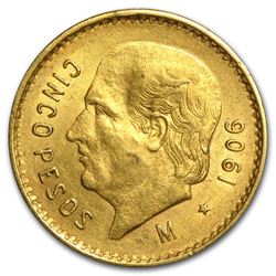 1906 Mexican Gold 5 Pesos BU