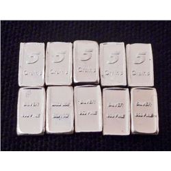 LOT OF 10 5 GRAIN INGOT BARS OF 99.9 PURE SILVER