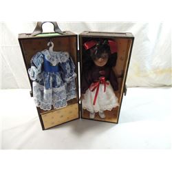 DARK HAIRED DOLL & WOODEN CARRYING TRUNK