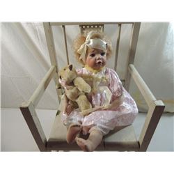 19" PORCELAIN DOLL IN PINK DRESS W/ BEAR