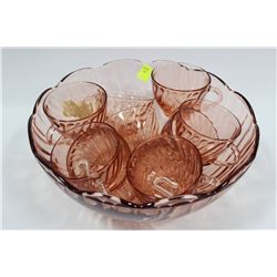 DEPRESSION GLASS PINK SWIRL 25PC PUNCH BOWL SET