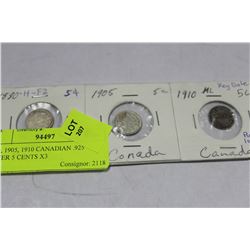 1880, 1905, 1910 CANADIAN .925 SILVER 5 CENTS X3