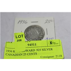 1936 KING EDWARD .925 SILVER CANADIAN 25 CENTS