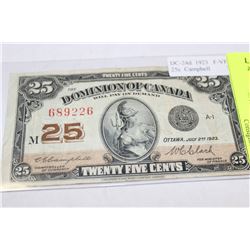 1923 DOMINION OF CANADA 25 CENTS BANKNOTE DC-24D