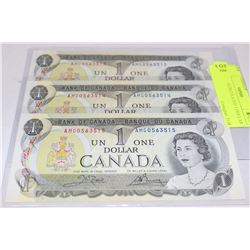 CANADA 1973 CONSECUTIVE ONE DOLLAR BANKNOTE X 3