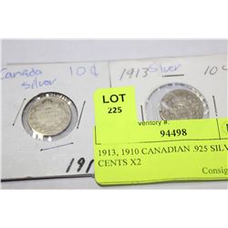1913, 1910 CANADIAN .925 SILVER 10 CENTS X2