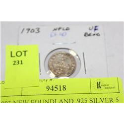 1903 NEWFOUNDLAND .925 SILVER 5 CENTS