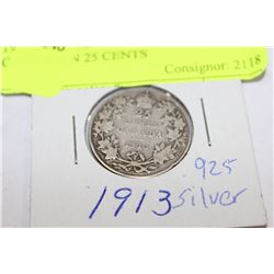 1913 KING EDWARD .925 SILVER CANADIAN 25 CENTS