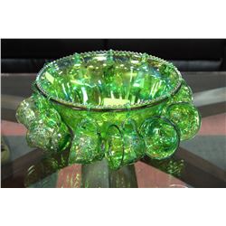 VINTAGE GREEN CARNIVAL GLASS PUNCH BOWL SET