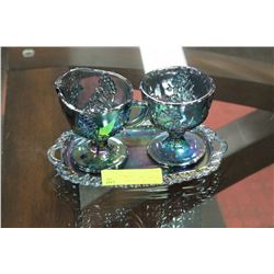 BLUE CARNIVAL GLASS CREAM AND SUGAR SET
