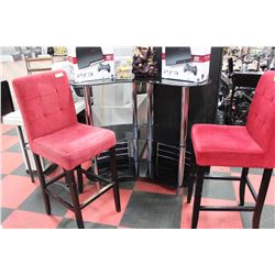 BLACK GLASS BAR TABLE WITH 2 RED BAR CHAIRS