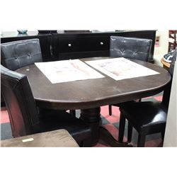 WOOD TABLE W LEAF AND 4 BLACK LEATHERETTE