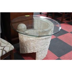 DAMAGED STONE AND GLASS END TABLE