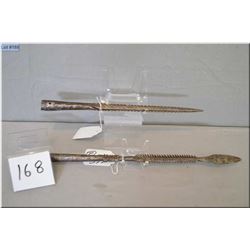 Lot of Two African small metal speer tips [ w/ unusual decoration , one has 16" blade, one has 13" b