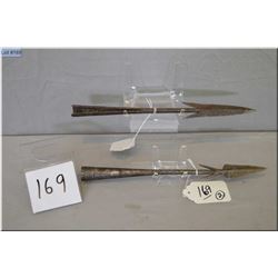 Lot of Two Ant African Spear Tips [ w/spur design & raised decoration, approx 11 1/2" overall ]