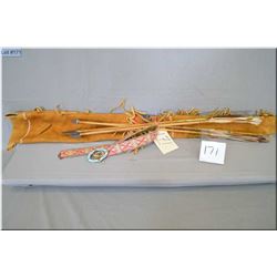 Lot : Beaded & Fringed leather small rifle Case & 4 wooden Indian arrows w/damaged feathers  [ 3 w/ 