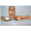 Image 1 : Tray Lot : Carved Wooden Native Mask w/ Snake decoration - Old Powder Horn w/etched partical name of