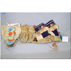 Tray Lot : 3 Pairs of Native Hi Moccasins [ 2 are beaded, one needlework w/ fur ]