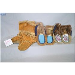 Tray Lot : 3 Pairs of Native Moccasins [ two beaded w/ fur trim, one with leather fringe ]