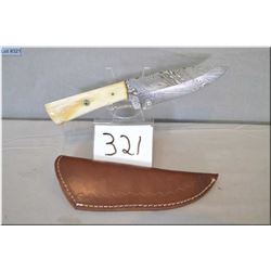 Damascus Hand Forged Hunting Knife w/ bone style handle, w/5" blade, w/ leather sheath