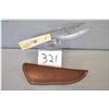 Image 1 : Damascus Hand Forged Hunting Knife w/ bone style handle, w/5" blade, w/ leather sheath
