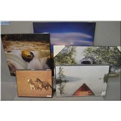 Lot of Five Unframed Pictures : Canoe on lake - Horses on prairie - River scene by Daryl Benson - Fi