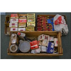 Lot : Wooden Box & Trays : Asstd Shot Gun Shells, powder, etc , including 2 full boxes, various part