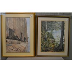 Lot of Two Lg Framed Pictures : Mountain Side by Water after John Westwood - Fall Trees after John W