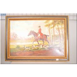 Lg Framed Painting " English Hunter on horse back with hounds" , signed by Artist, Note; damage abov