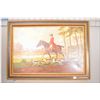 Image 1 : Lg Framed Painting " English Hunter on horse back with hounds" , signed by Artist, Note; damage abov